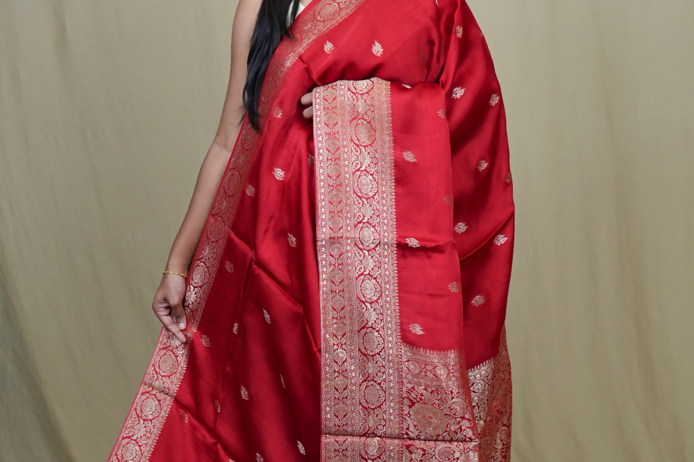 Banarasi Mashru saree with all-over tiny zari woven motifs and rich zari borders and pallu
