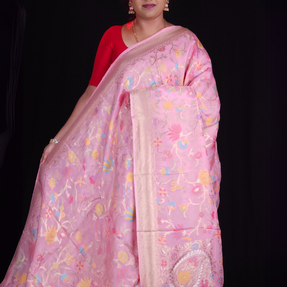 “Elegant floral organza saree with zari border”