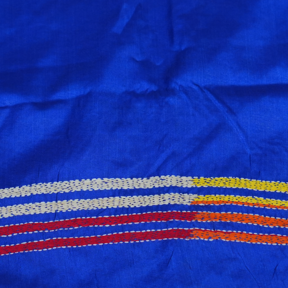 Traditional semi Bangalore silk saree with intricate Kantha embroidery suitable for festive occasions.