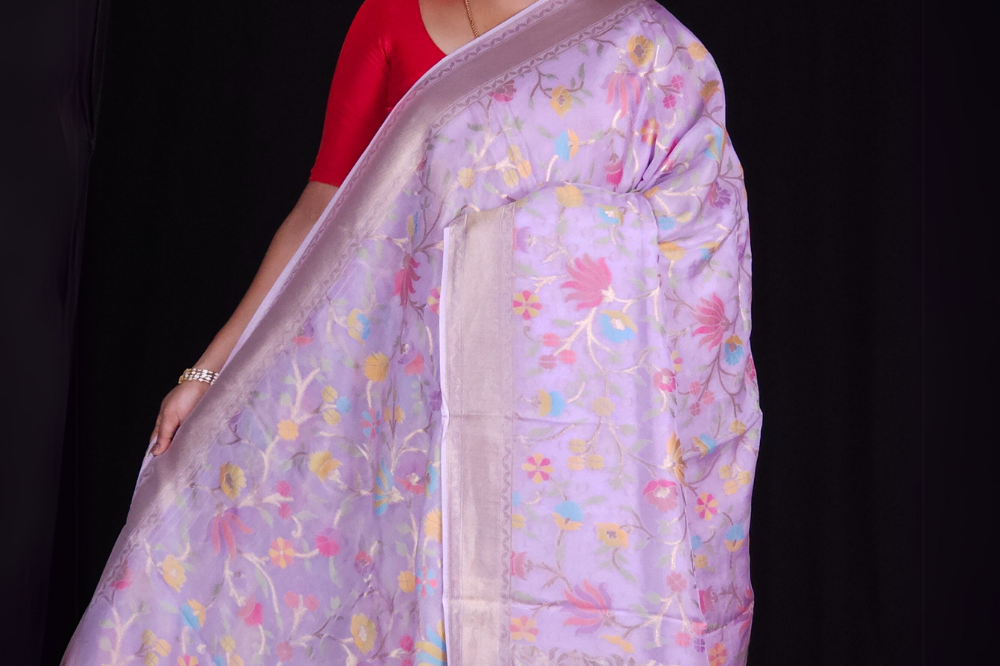 “Elegant floral organza saree with zari border”