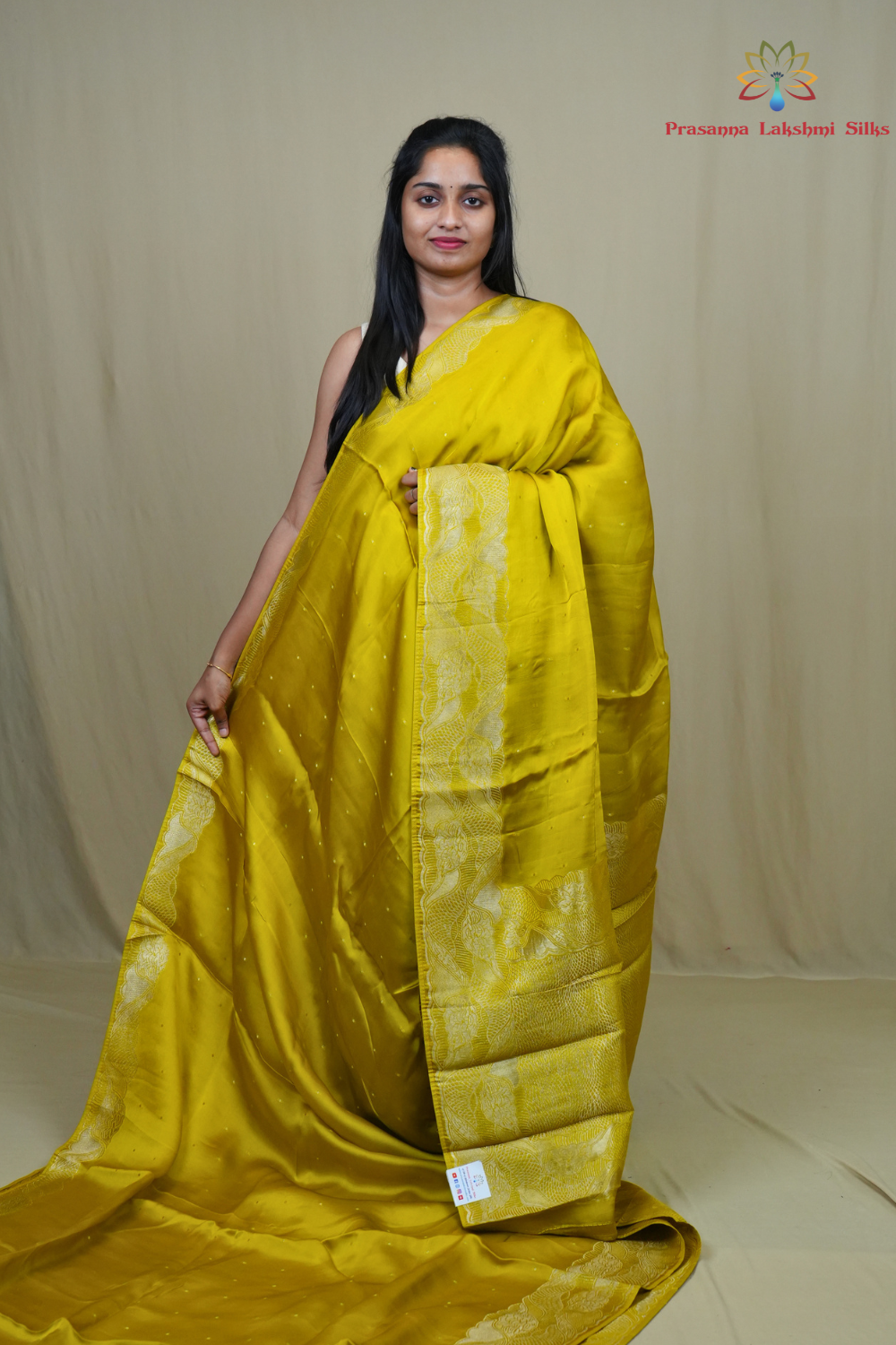Banarasi Mashru saree with all-over tiny zari woven motifs and rich zari borders and pallu
