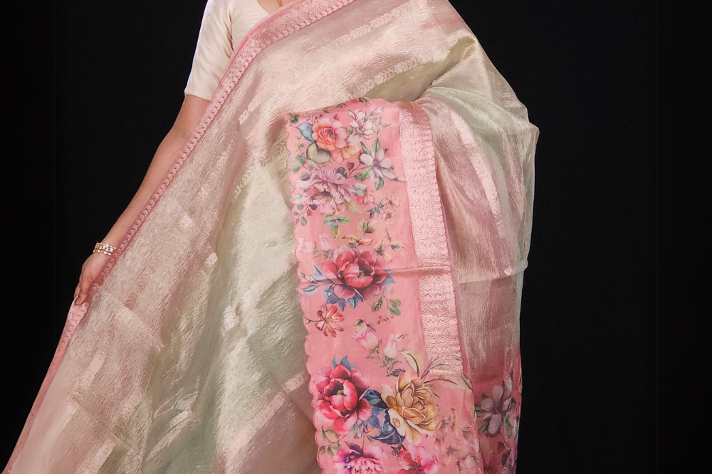 multicolour Crush tissue saree with allover zari lines and digital printed pallu