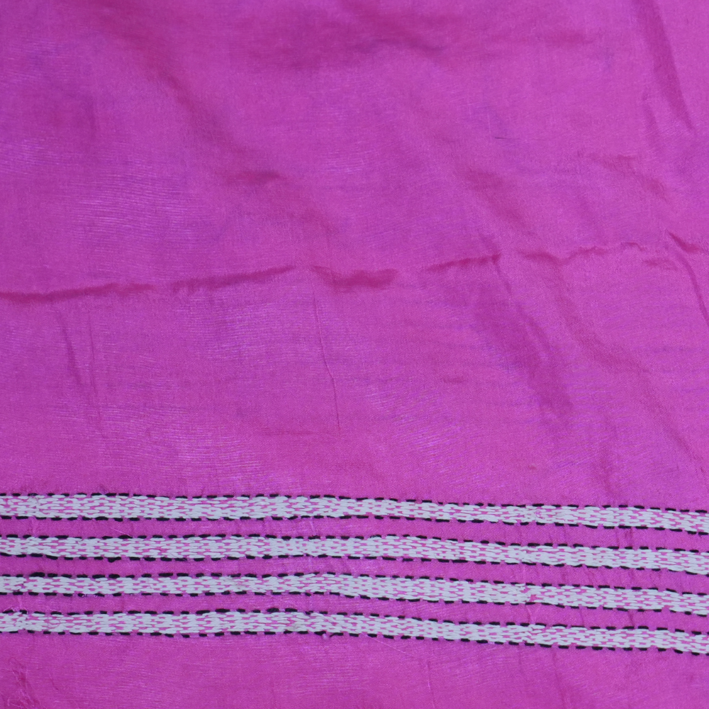 Traditional semi Bangalore silk saree with intricate Kantha embroidery suitable for festive occasions.
