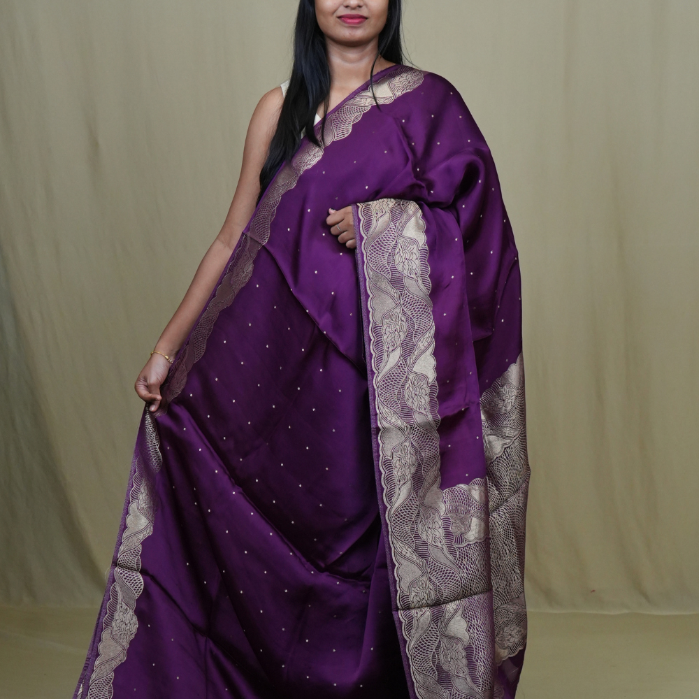 Banarasi Mashru saree with all-over tiny zari woven motifs and rich zari borders and pallu
