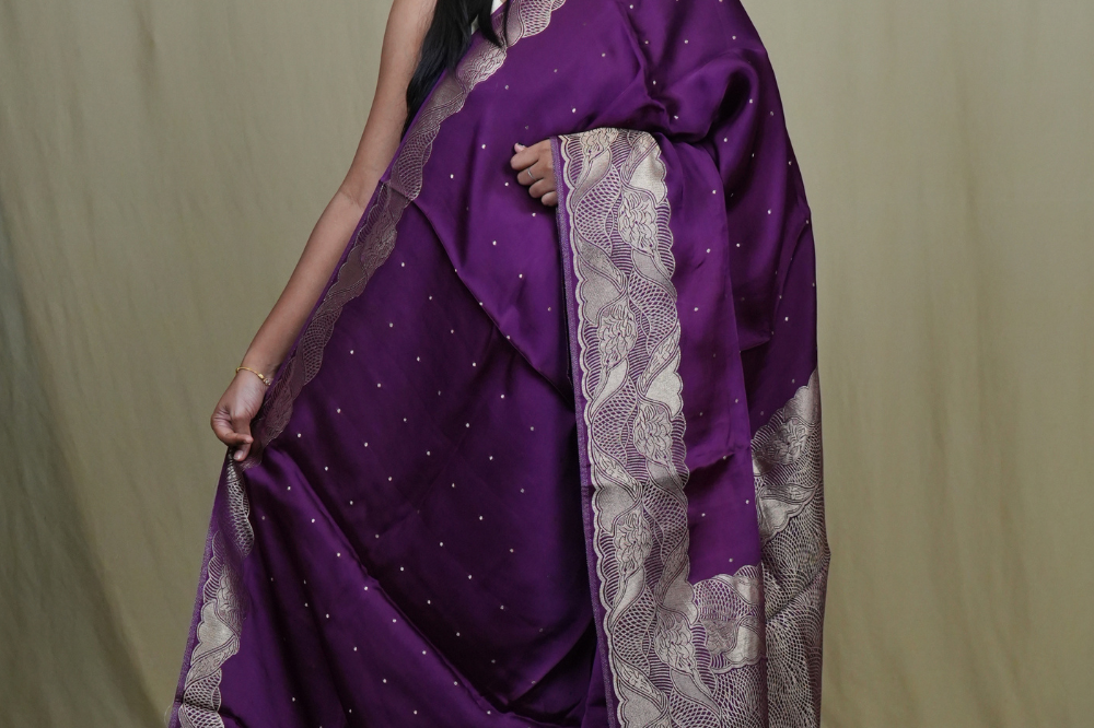 Banarasi Mashru saree with all-over tiny zari woven motifs and rich zari borders and pallu
