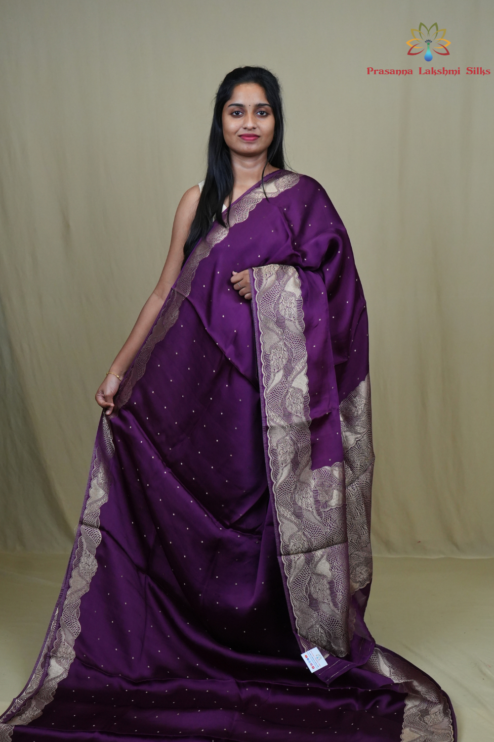 Banarasi Mashru saree with all-over tiny zari woven motifs and rich zari borders and pallu
