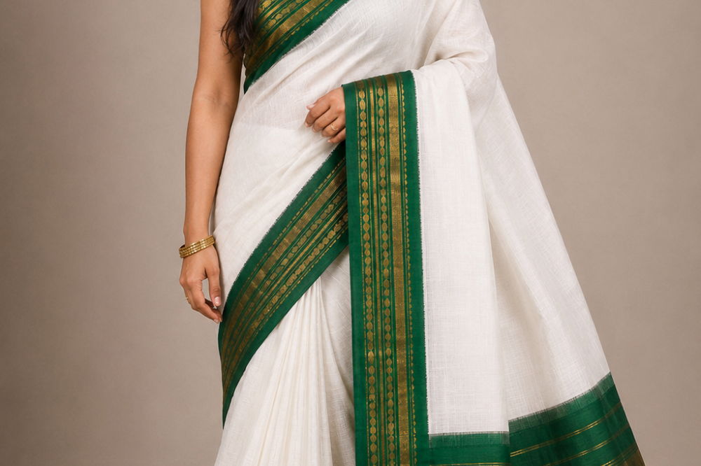 Pure handloom Gadwal cotton saree with traditional zari woven borders and simple zari stripes pallu.
