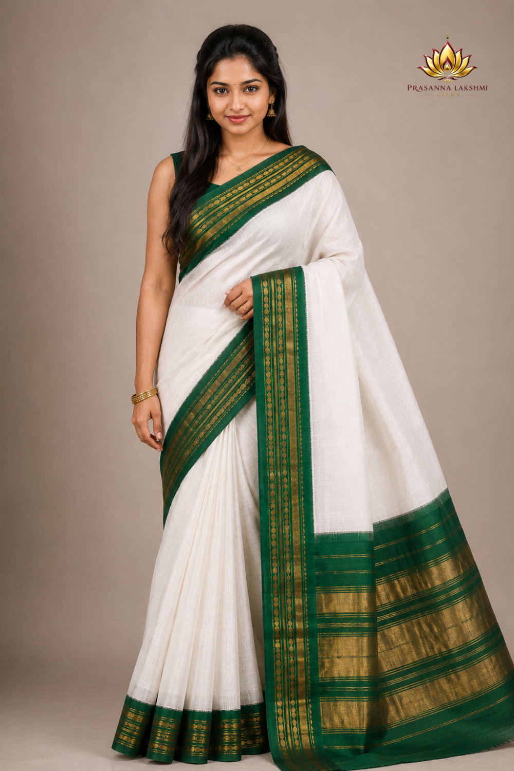 Pure handloom Gadwal cotton saree with traditional zari woven borders and simple zari stripes pallu.
