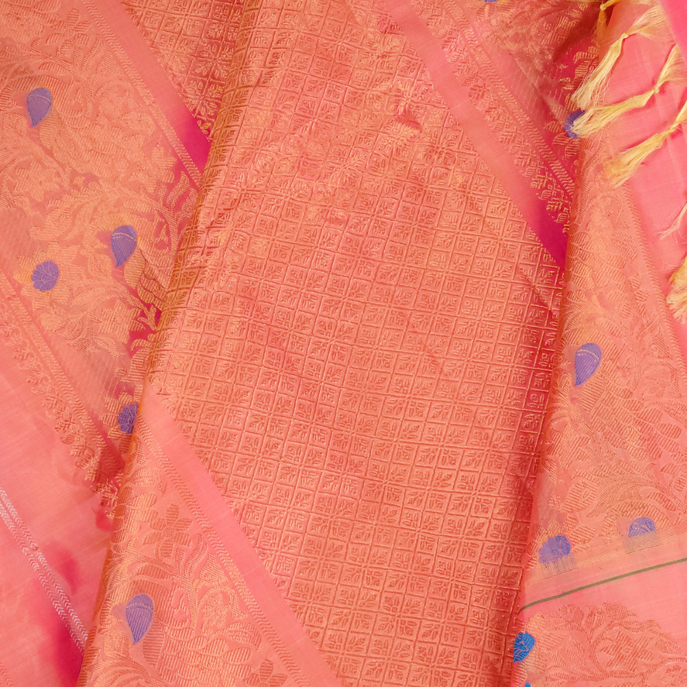 South Indian pure silk handloom saree with zari woven motifs and festive pallu