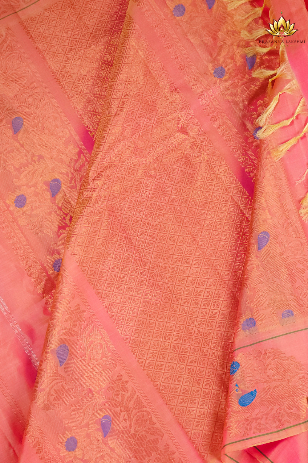 South Indian pure silk handloom saree with zari woven motifs and festive pallu