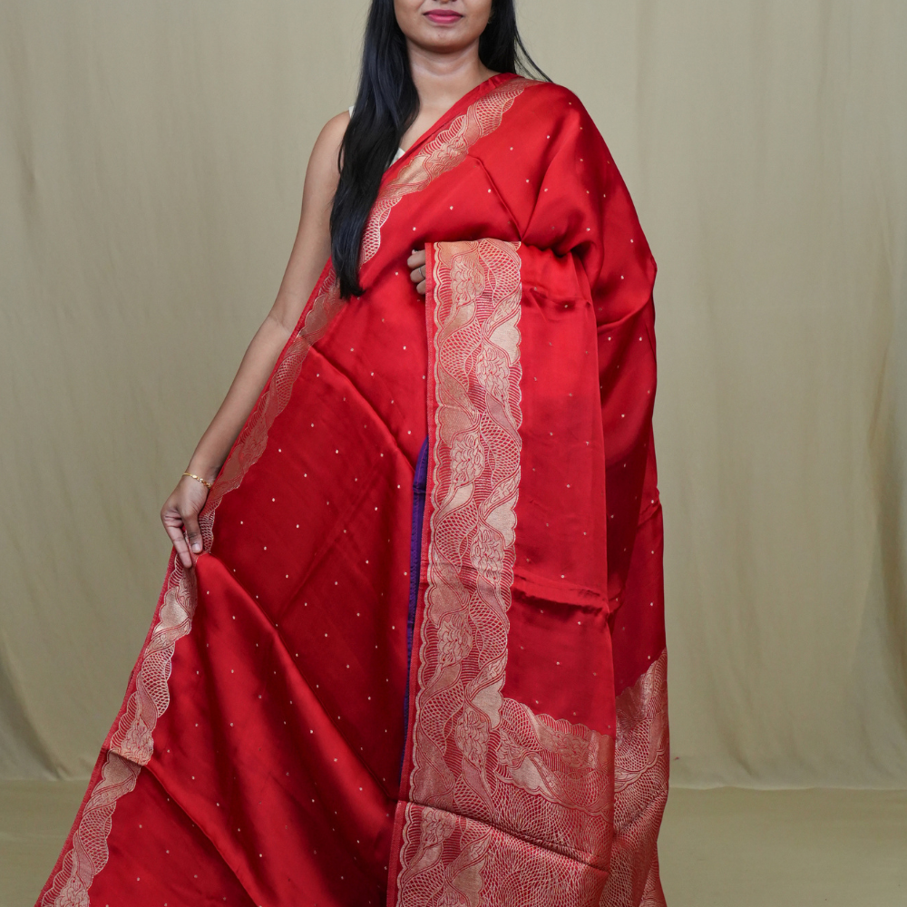 Banarasi Mashru saree with all-over tiny zari woven motifs and rich zari borders and pallu
