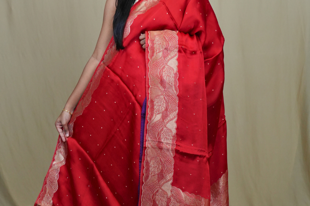 Banarasi Mashru saree with all-over tiny zari woven motifs and rich zari borders and pallu
