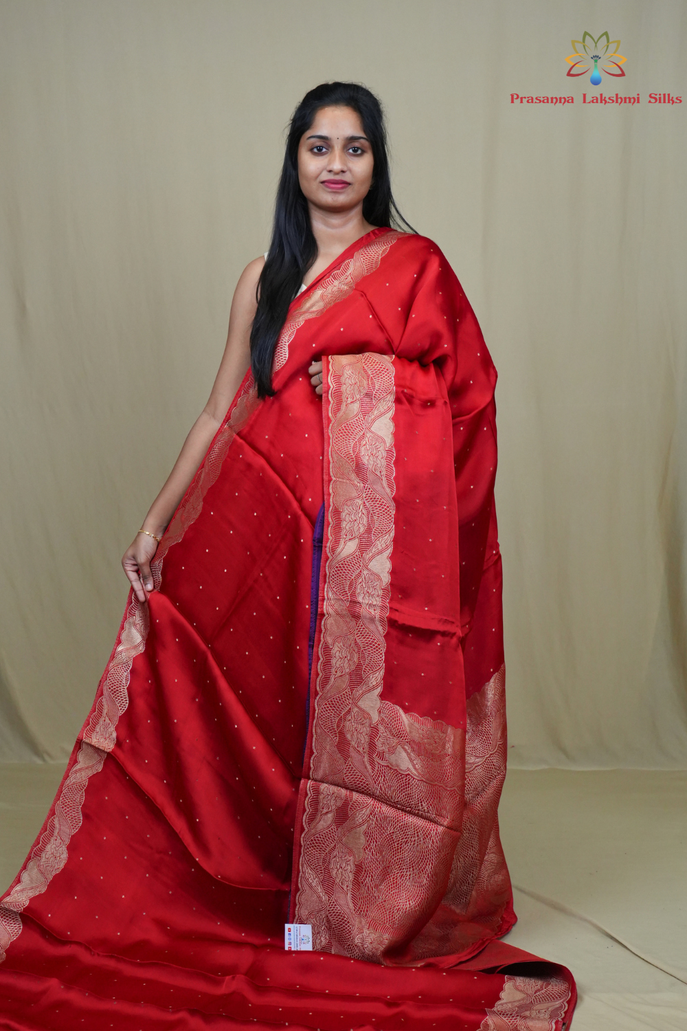 Banarasi Mashru saree with all-over tiny zari woven motifs and rich zari borders and pallu
