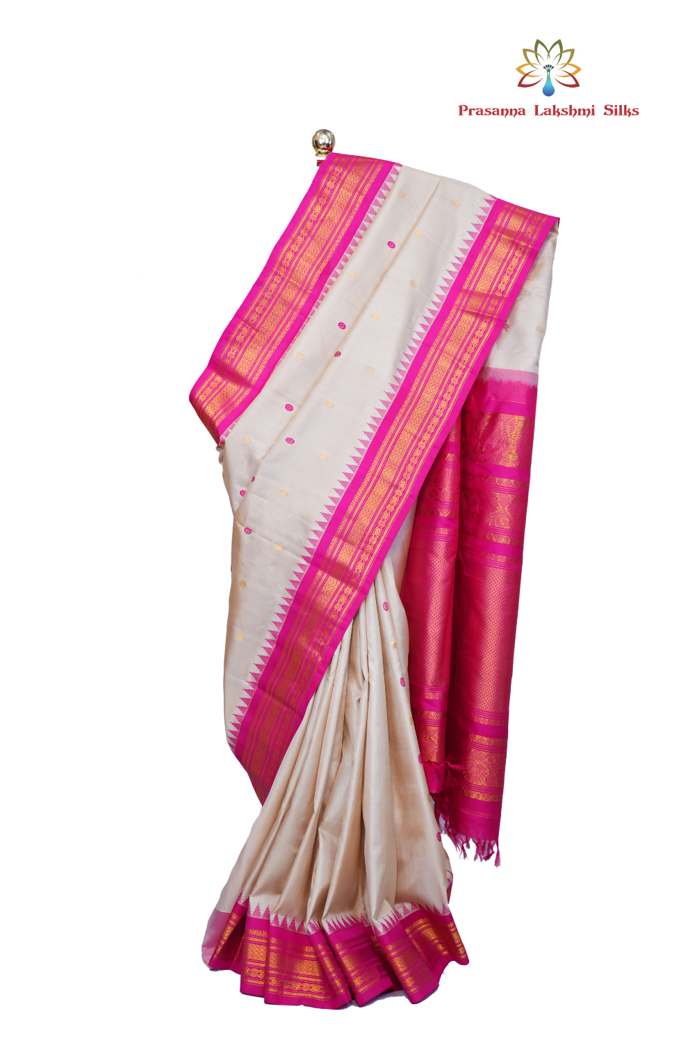 Handloom Gadwal pure silk saree with intricate small zari motifs and rich woven pallu.
