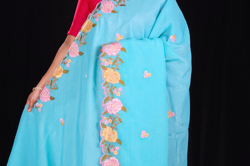 Sky Blue glass organza saree with floral embroidery