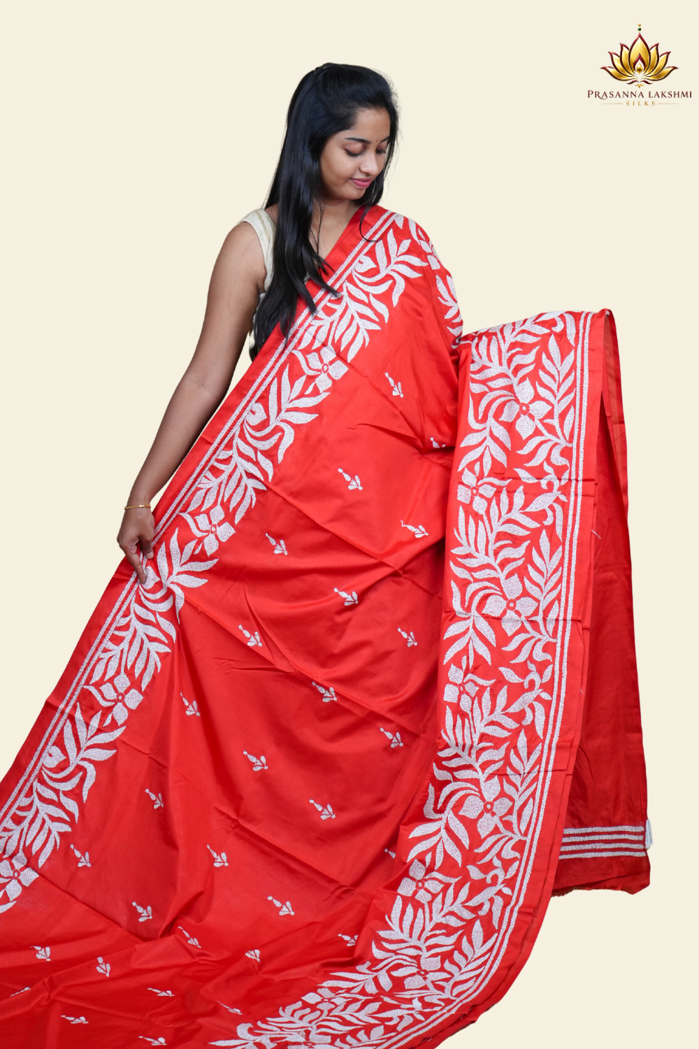 Elegant silk saree featuring Kantha work borders and detailed Kantha pallu design.
