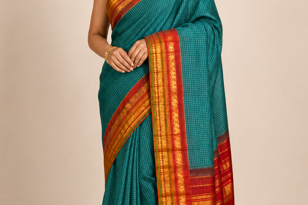 Pure handloom Gadwal cotton saree with traditional zari woven borders and simple zari stripes pallu.
