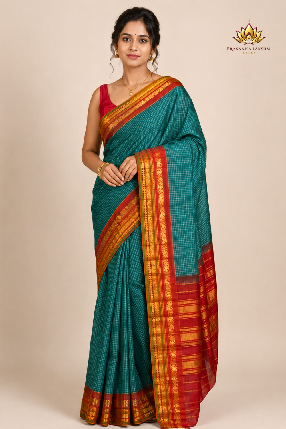 Pure handloom Gadwal cotton saree with traditional zari woven borders and simple zari stripes pallu.
