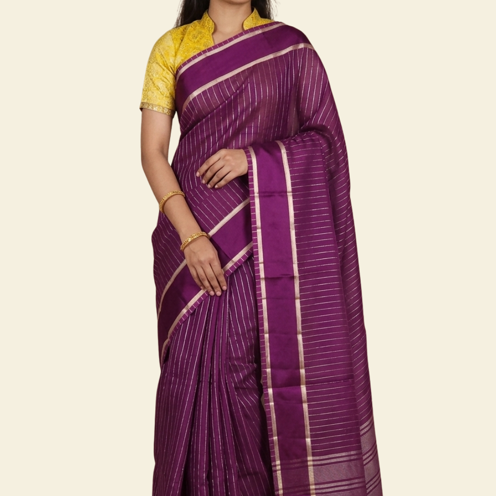 Organza saree with zari woven vertical stripes and plain satin borders
