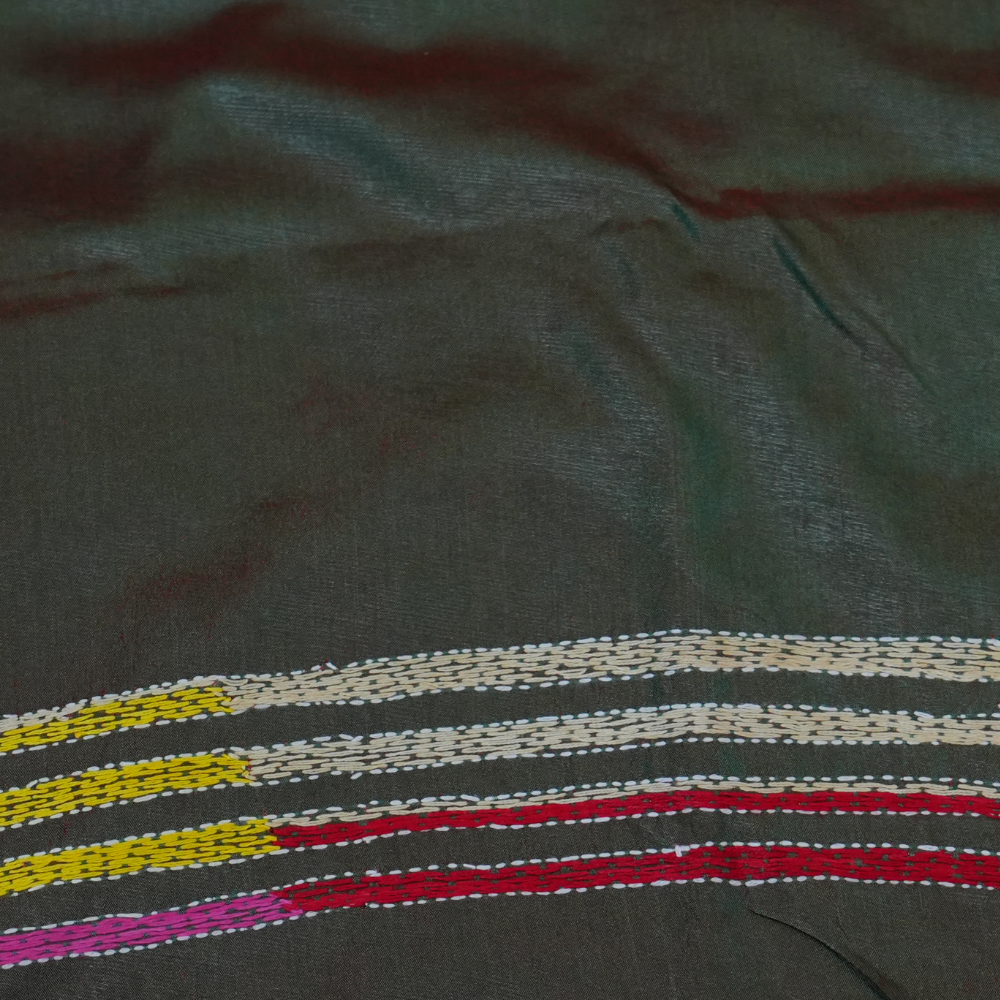 Traditional semi Bangalore silk saree with intricate Kantha embroidery suitable for festive occasions.