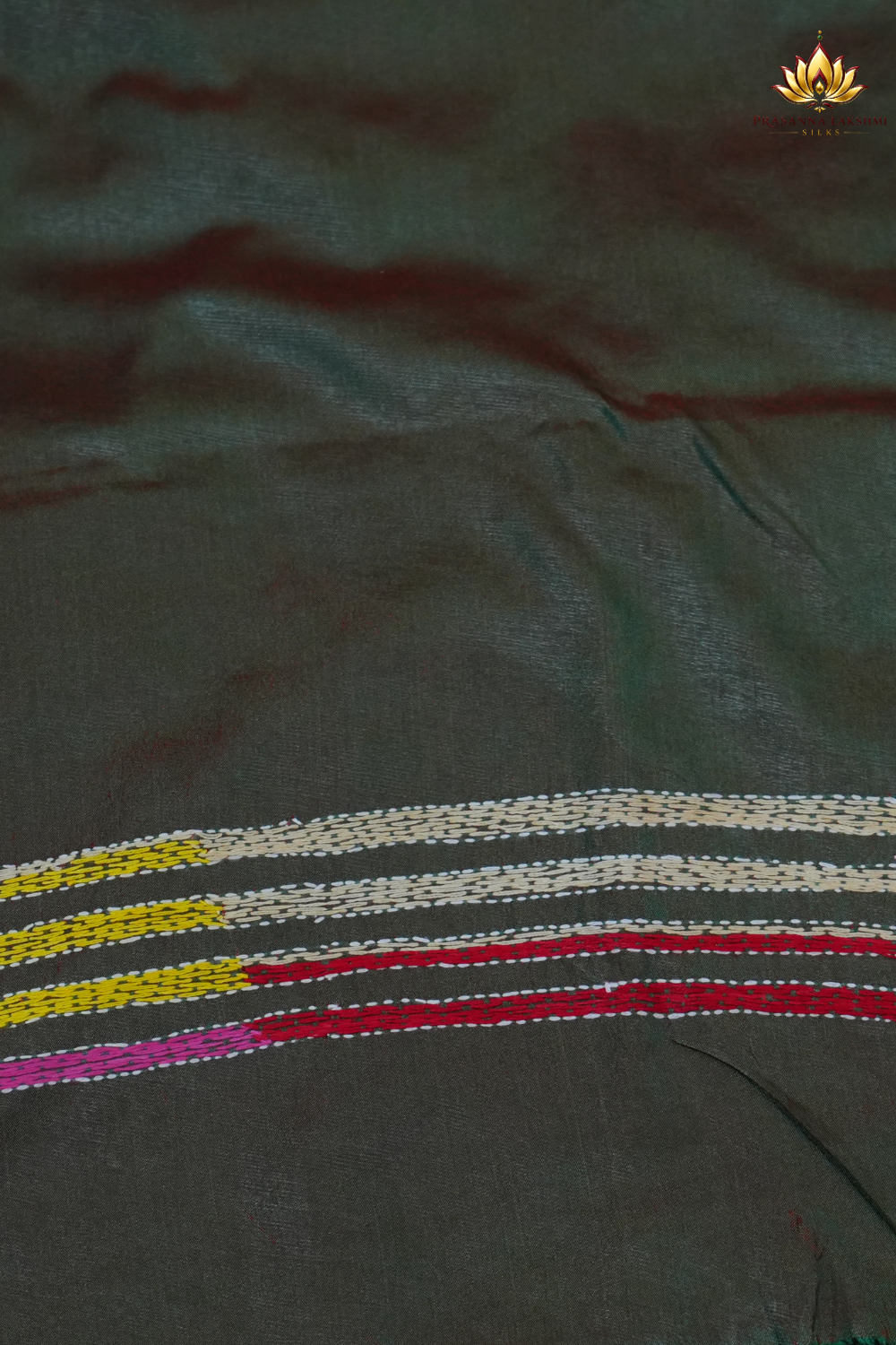 Traditional semi Bangalore silk saree with intricate Kantha embroidery suitable for festive occasions.