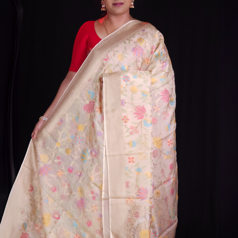 “Elegant floral organza saree with zari border”
