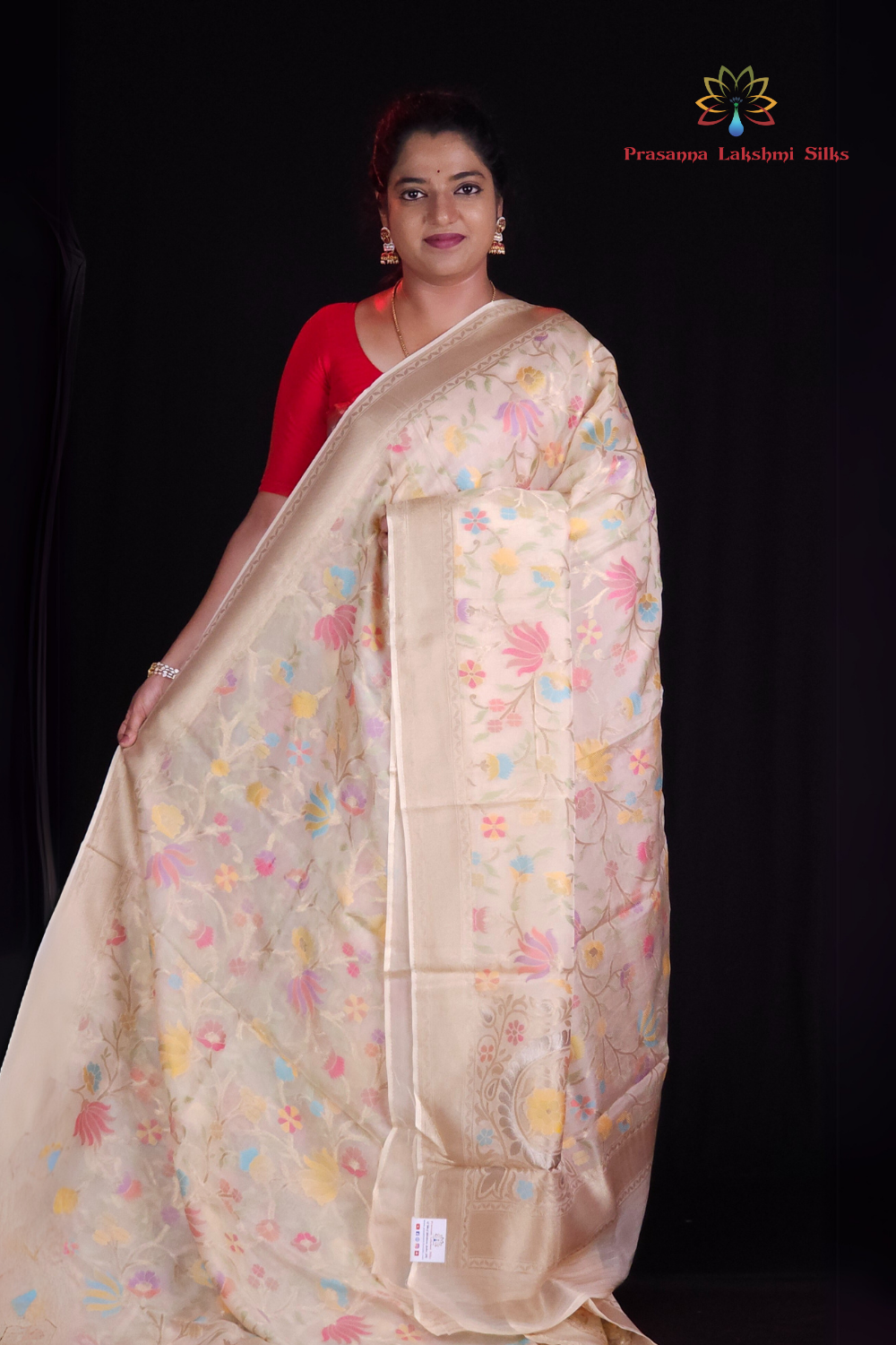 “Elegant floral organza saree with zari border”