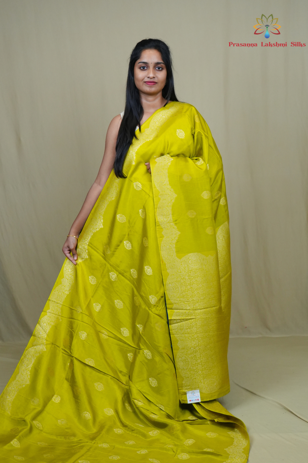 Banarasi Munga silk saree with all-over zari woven floral motifs and rich brocade pallu.

