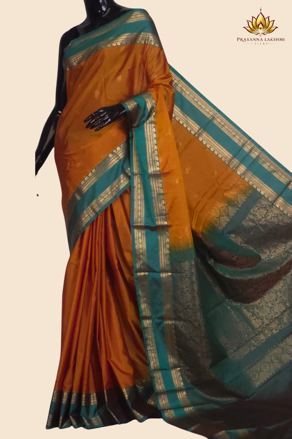 Semi Gadwal saree with horizontal zari motif stripes and zari woven gap borders
