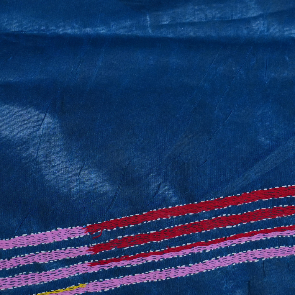 Traditional semi Bangalore silk saree with intricate Kantha embroidery suitable for festive occasions.