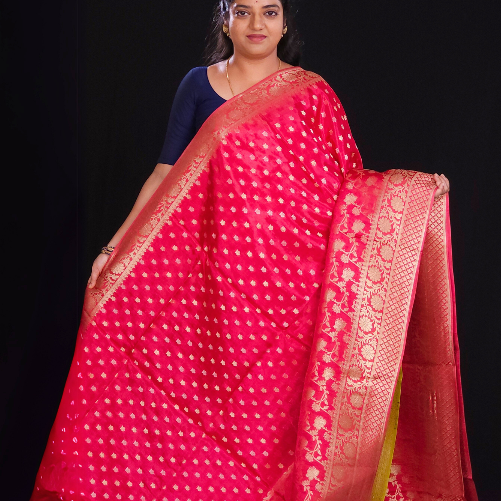 Dark Pink  "Wine Banaras saree with allover floral motifs  gold Zari  border"