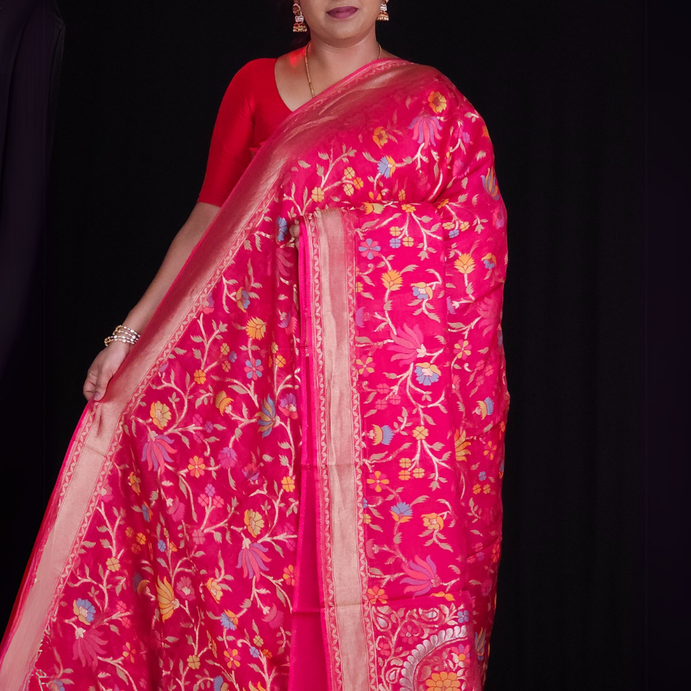 “Elegant floral organza saree with zari border”