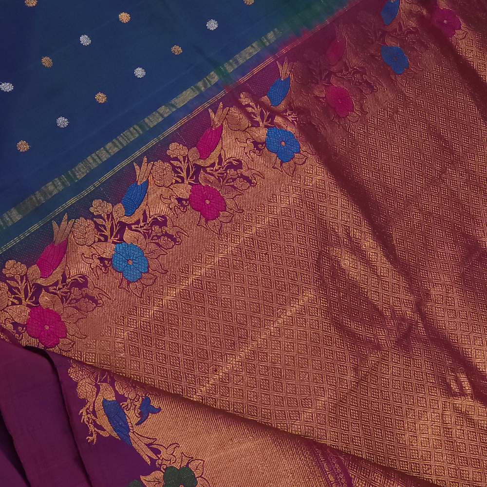 Elegant traditional Gadwal Silk Saree with rich zari weaving, meenakari border detailing, brocade pallu, perfect for weddings and festive occasions.