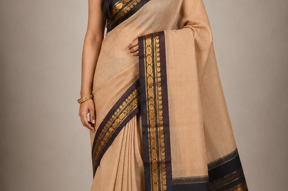 Pure handloom Gadwal cotton saree with traditional zari woven borders and simple zari stripes pallu.
