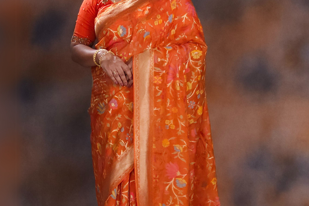 “Elegant floral organza saree with zari border”