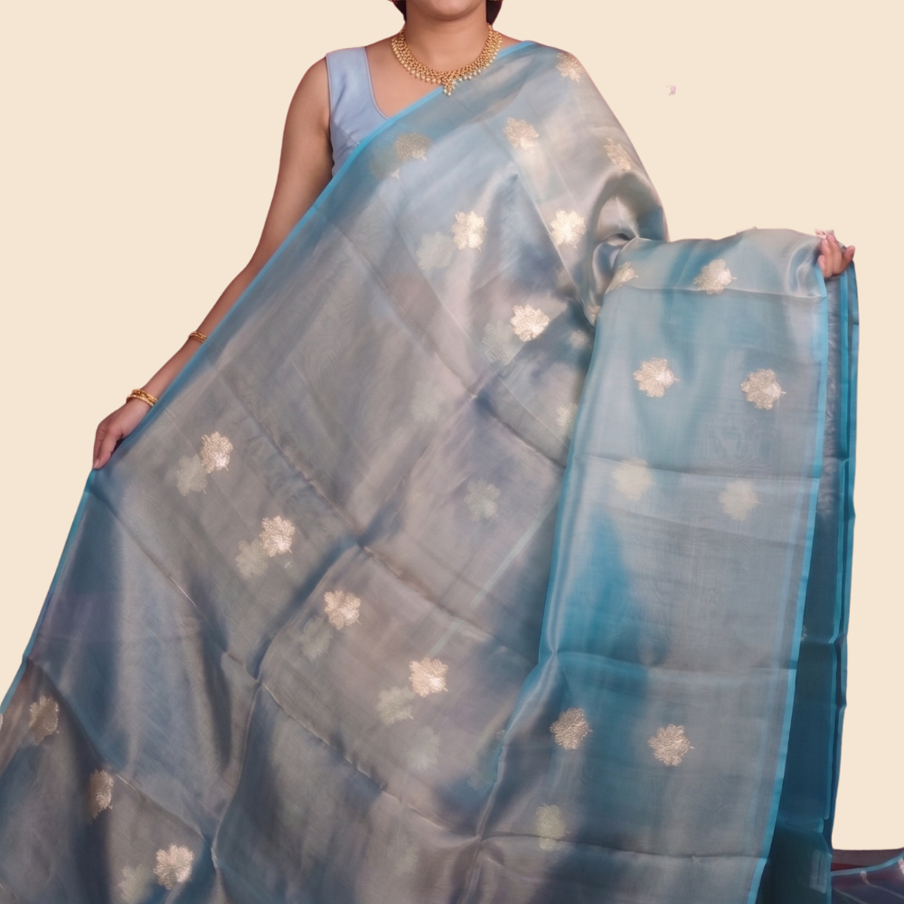 Full drape view of regal Kora tissue saree
