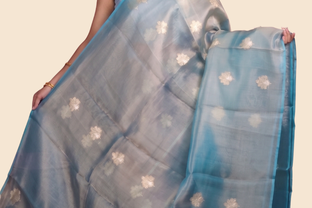 Full drape view of regal Kora tissue saree
