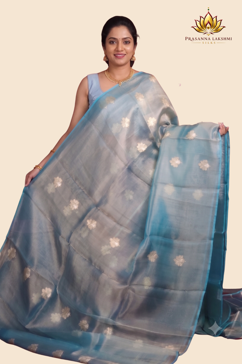 Full drape view of regal Kora tissue saree
