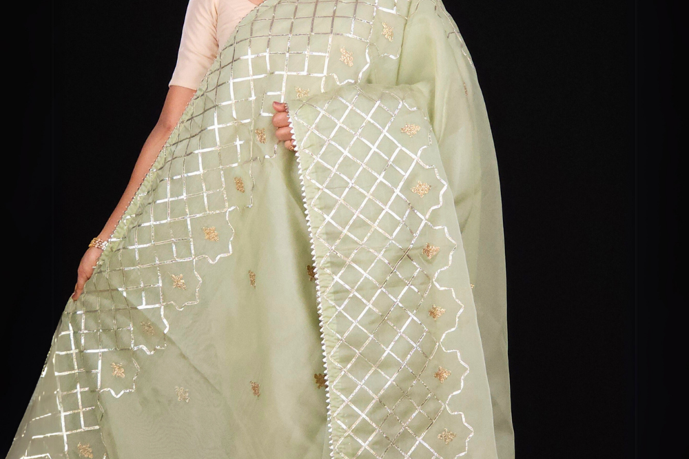 Sheer organza saree with trendy zardosi work 