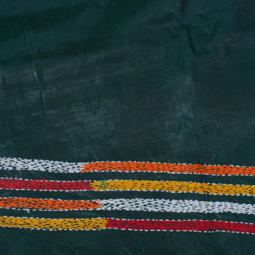 Traditional semi Bangalore silk saree with intricate Kantha embroidery suitable for festive occasions.