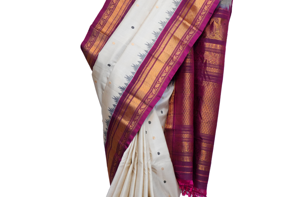 Handloom Gadwal pure silk saree with intricate small zari motifs and rich woven pallu.
