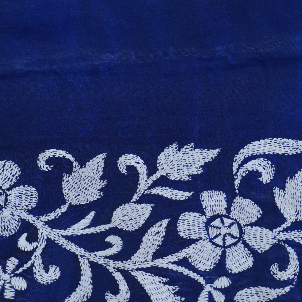 Traditional semi Bangalore silk saree with intricate Kantha embroidery suitable for festive occasions.