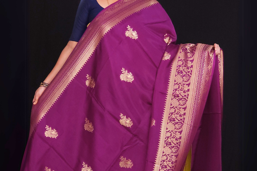 "Deep Purple Banaras saree with  gold Zari  border"
