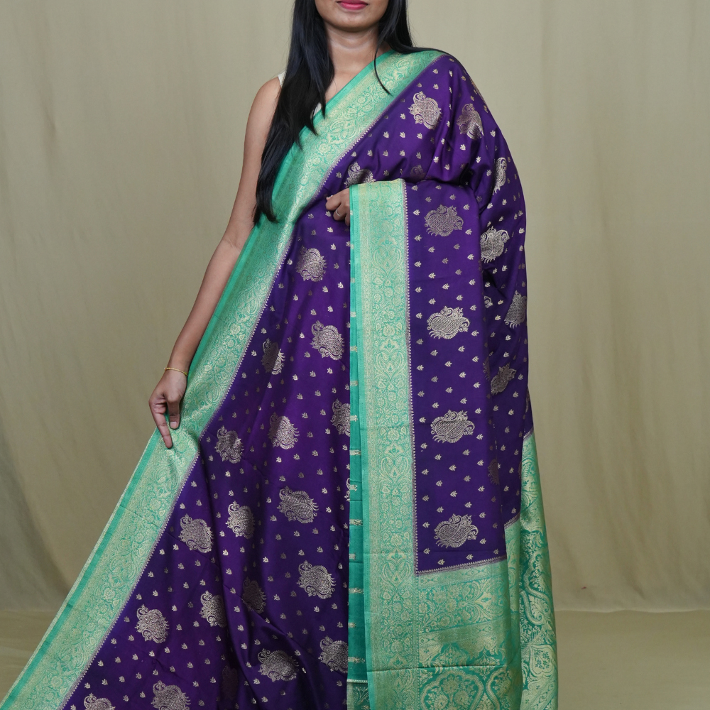 Semi Mysore silk saree with all-over zari woven motifs and rich brocade pallu.
