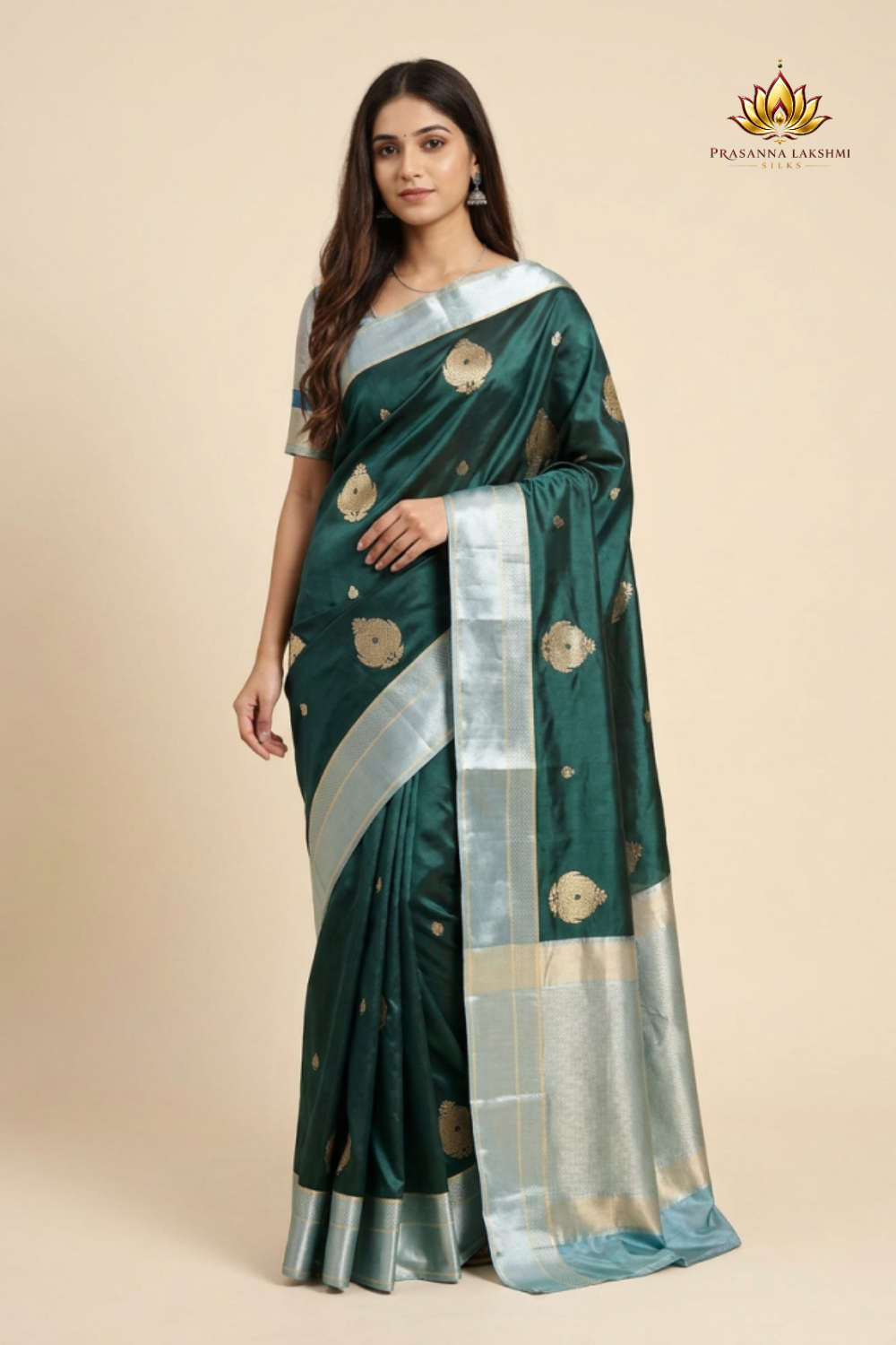 Luxury Banarasi Mashru saree featuring allover big zari woven motifs, Meenakari detailing, contrast satin border, rich brocade pallu, and contrast blouse.
