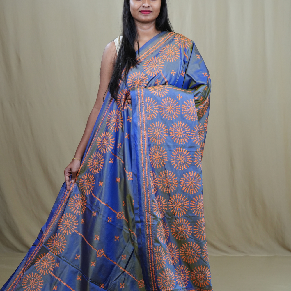 Elegant Semi Bangalore Silk Saree suitable for festive occasions with detailed Kutch embroidery.