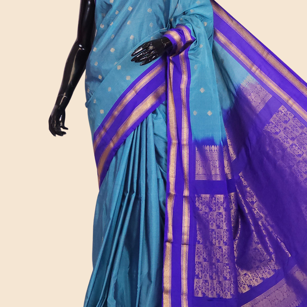 Semi Gadwal saree with horizontal zari motif stripes and zari woven gap borders
