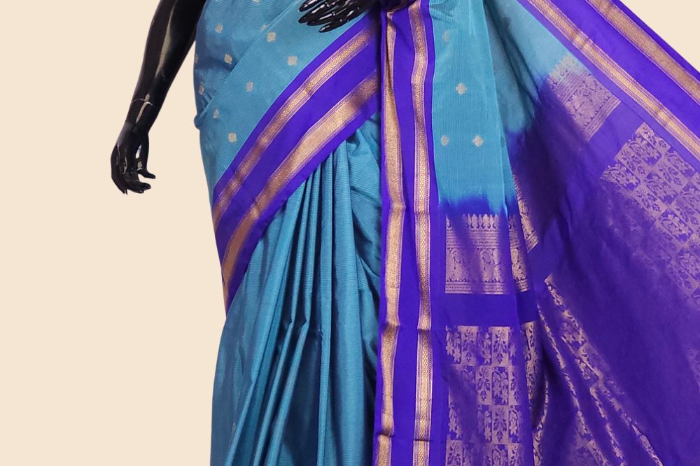 Semi Gadwal saree with horizontal zari motif stripes and zari woven gap borders
