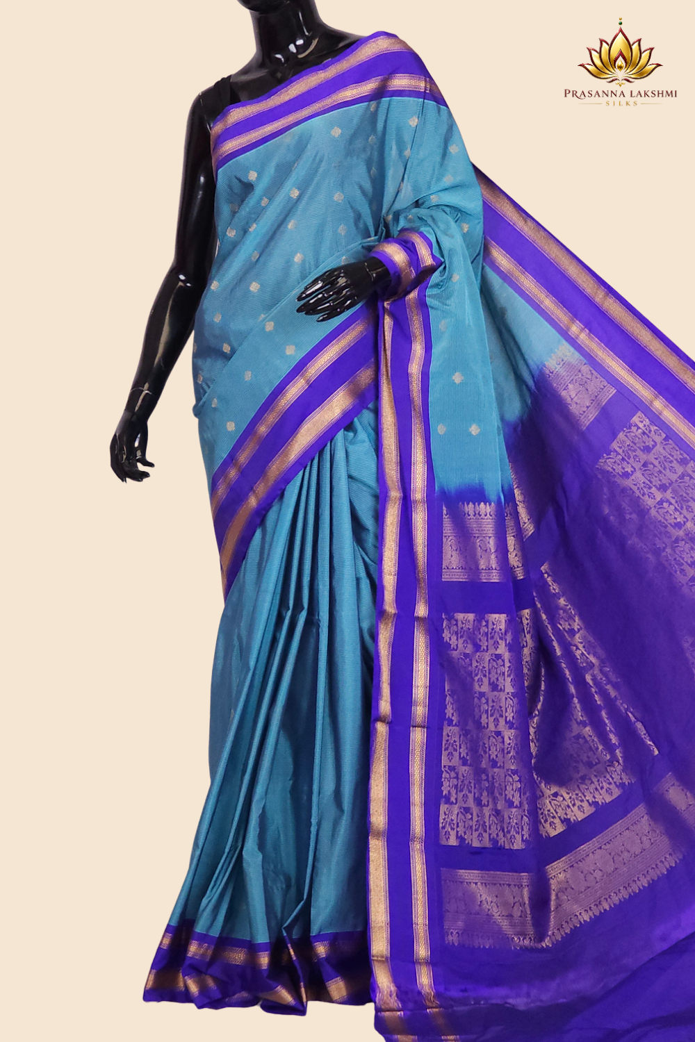 Semi Gadwal saree with horizontal zari motif stripes and zari woven gap borders
