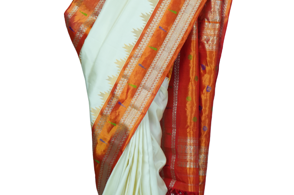 Handloom Gadwal pure tissue silk saree with intricate zari motifs and muniya borders.
